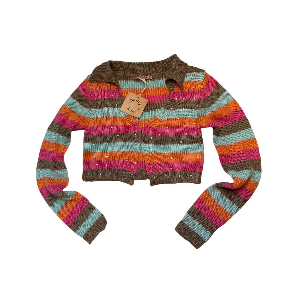 NWT Striped Cardigan Small Colorful Rhinestone Cropped Sweater Bailey Rose